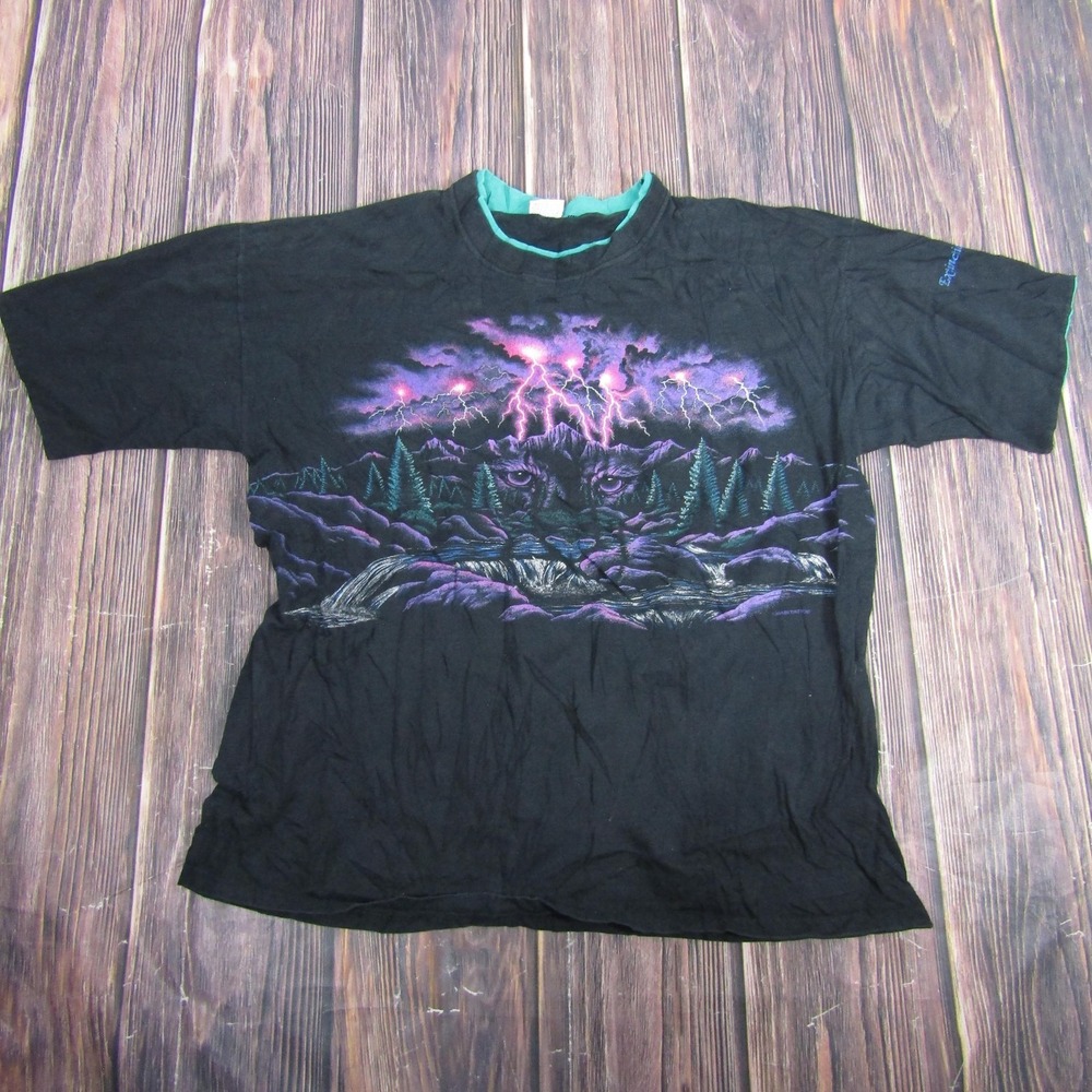 Vintage‎ Wolf Shirt Mens XL Black Cal Cru Extinction Is Forever Mountain 90s